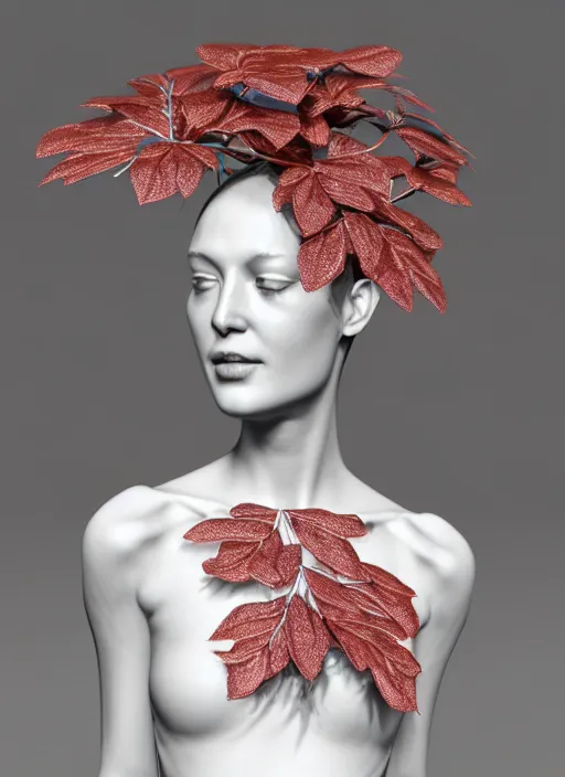 Image similar to complex 3d render ultra detailed of a beautiful porcelain profile woman face, mechanical vegetal cyborg, 150 mm, beautiful studio soft light, spot light, rim light, silver gold red details, luxurious, magnolia big filigran leaves and stems, roots, Alexander Mcqueen haute couture, fine foliage lace, mesh wire, filigran metallic intricate details, hyperrealistic, mandelbrot fractal, anatomical, silver metal armor, facial muscles, cable wires, microchip, elegant, white background, beautiful white teeth, octane render, H.R. Giger style, 8k