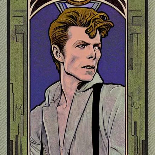 Image similar to david bowie as thomas newton the man who fell to earth, mucha style, art nouveau,