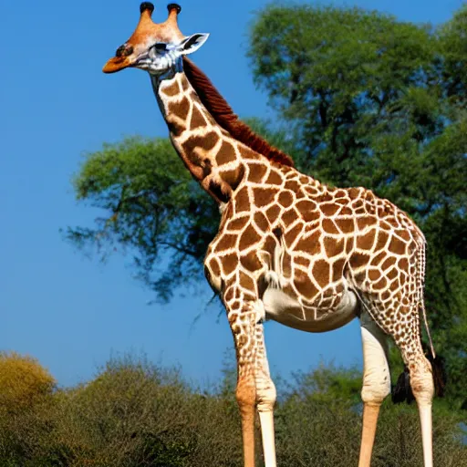 Prompt: giraffe with white feathers and orange bill