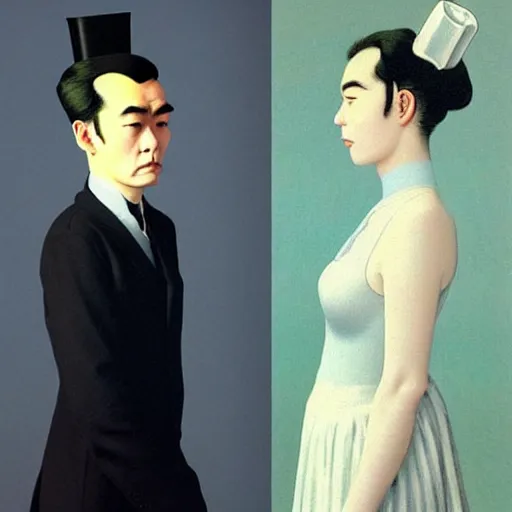 Prompt: full body painting of grumpy handsome thin beautiful man in his 2 0 s named min - jun in a french female maid outfit, modern clothing, elegant, clear, painting, stylized, delicate facial features, stylized thin lines, soft but grumpy, highly detailed, art, art by egon alphonse magritte