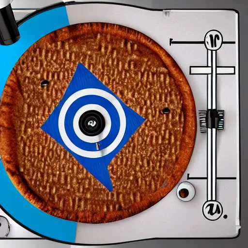 Image similar to a disc jockey is scratching with one hand on a turntable that has an Israeli pita bread on it, the turntable’s needle is also on the pita, wide shot