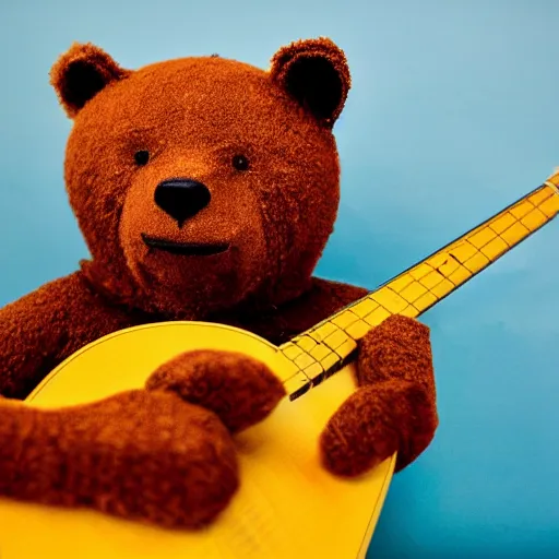 Prompt: a photograph of a bear poorly cosplaying as a bear, he is holding a guitar, vivid color, 50mm