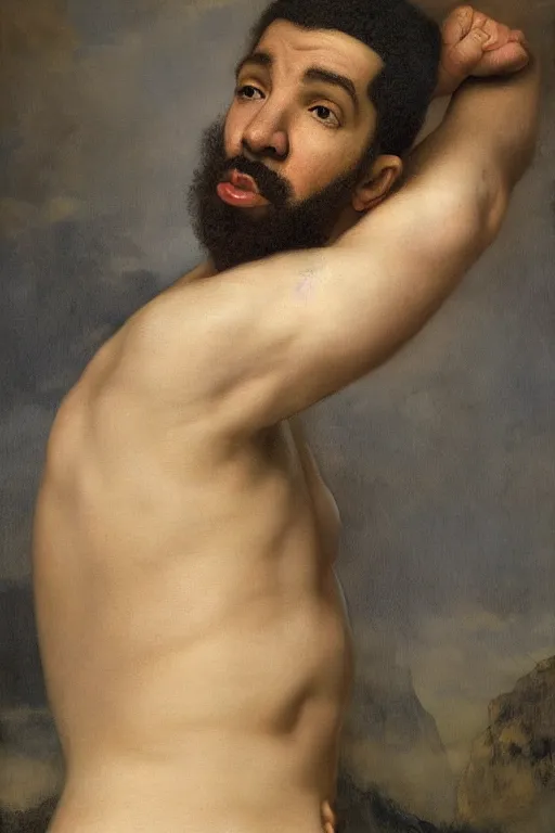 Image similar to drake proportional face and body dimensions, 8 k, hdr, great light, gustave courbet, annie leibowitz