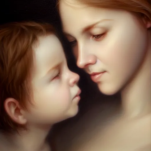 Image similar to pure love is patient love is kind, mother and child ; photorealistic oil painting by charlie bowater and mark brooks ; highly detailed cute faces by wlop ; trending on artstation ; 8 k high resolution, symmetrical, cinematic, high coherence, golden ratio, rule of thirds, perfectly centered anatomically accurate portraits