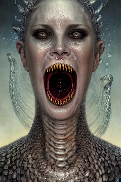 Prompt: pearlescent lilith the mother of all monsters angry, fangs!! & claws!, snakes in her mouth, raining ash, fine art masterpiece, highly detailed dino valls wayne barlowe machiej kuciara, dramatic lighting, long shot, wide angle, uhd 8 k, sharp focus