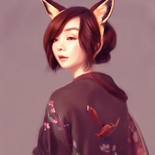 Image similar to A potrait of a beautiful, shapely woman with fox ears wearing a modest kimono from Skyrim, digital painting, by Stanley Artgerm Lau, WLOP, Rossdraws, LeraPi, and Sakimichan, digtial painting, trending on ArtStation, deviantart, SFW version