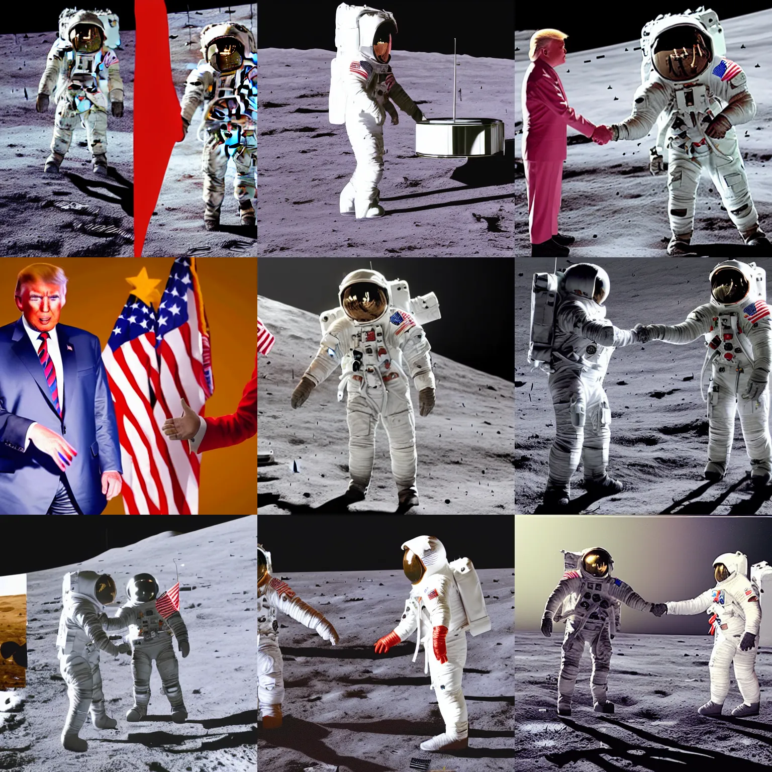 Prompt: hyperrealistic cinematic portrait donald trump shaking hands with joe biden on the moon, highly detailed maya render, 8 k