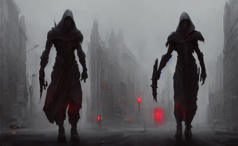 Prompt: reaper, standing on a city street, soft grey and red natural light, intricate, digital painting, artstation, concept art, smooth, sharp focus, illustration, art by greg rutkowski and luis rollo and uang guangjian and gil elvgren, symmetry!