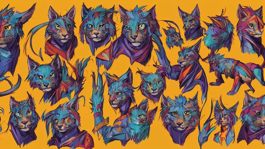 Image similar to colorful and vivid character sheet for a handsome muscular masculine lynx - man space - pirate with head of lynx, long tail, furry fandom, swashbuckling and romantic, retrofuture, high contrast, realistic, coherent, illustration, digital art, trending on artstation, hd, 8 k, good lighting, beautiful, rough paper, masterpiece