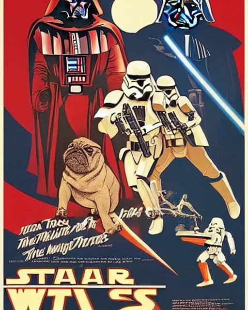 Image similar to vintage star wars movie poster by tom jung, with pugs droids and a darth vader helmet that looks like a pug face