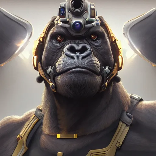 Prompt: science-fiction character portrait of Winston gorilla from Overwatch, intricate, wild, highly detailed, digital painting, artstation, upper body, concept art, smooth, sharp focus, illustration, art by artgerm and greg rutkowski and alphonse mucha