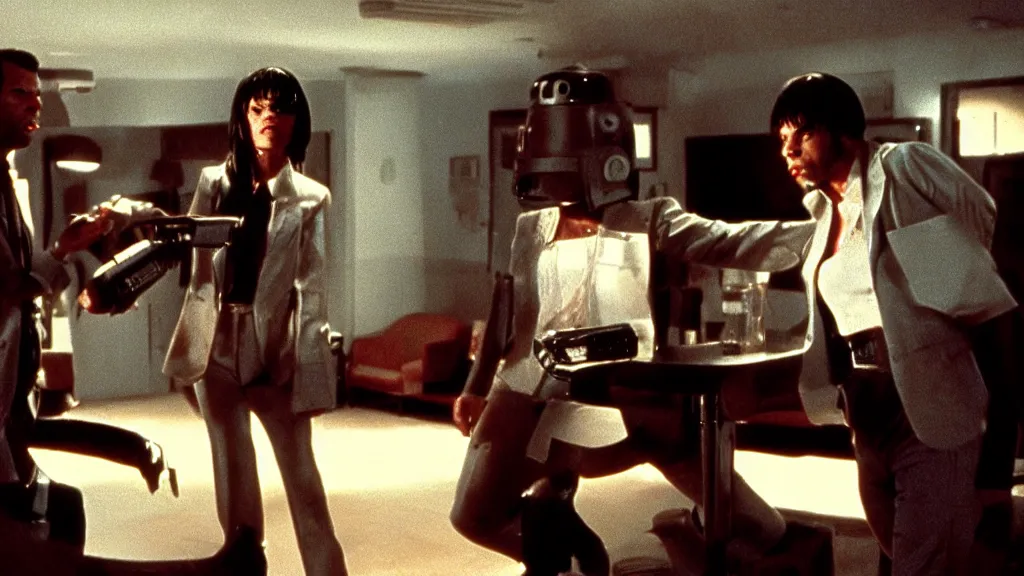 Prompt: movie scene of pulp fiction but with robots, movie still, cinematic composition, cinematic light, by edgar wright