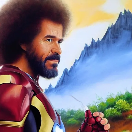 Image similar to a closeup photorealistic photograph of bob ross working on a canvas painting featuring iron man. film still. this 4 k hd image is trending on artstation, featured on behance, well - rendered, extra crisp, features intricate detail, epic composition and the style of unreal engine.