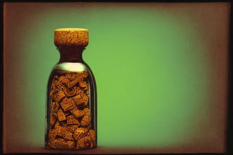 Image similar to small potion with a cork top filled with a green and turquoise gradient liquid, on a desk, old film photo