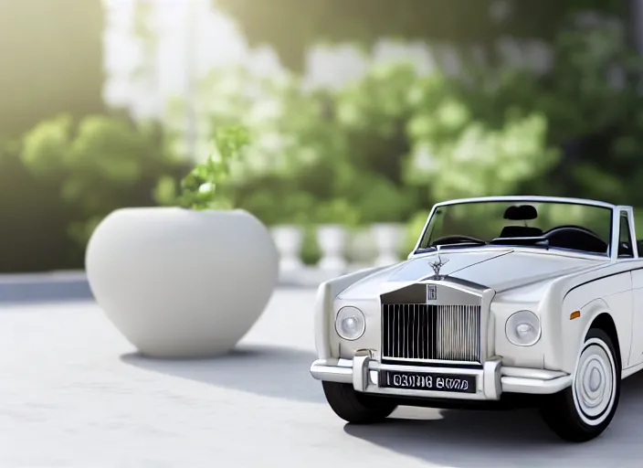 Image similar to a small miniature of a Rolls Royce Corniche Cabrio on a white table near a vase with a plant, 3d render, octane render, unreal engine 5, path tracing, serene landscape, calm, relaxing, beautiful landscape, highly detailed, high quality, 4k, symmetrical, low contrast
