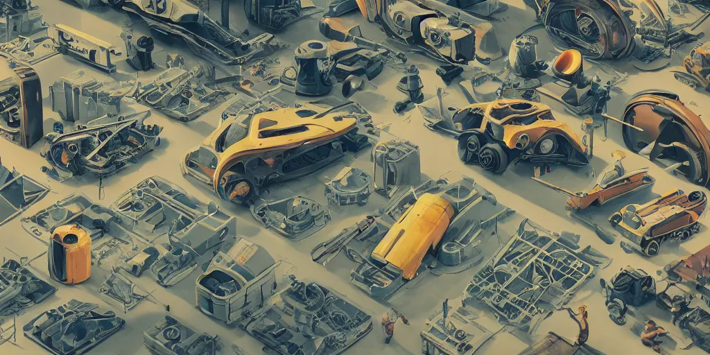 Image similar to collection of exploration of form and shapes, props, hard surface, panel, simon stalenhag, kitbash, items, gadget, big medium small, close up, vehicles, futuristic, parts, machinery, greebles, insanely detailed, case, hardware, golden ratio, wes anderson color scheme, in watercolor gouache detailed paintings