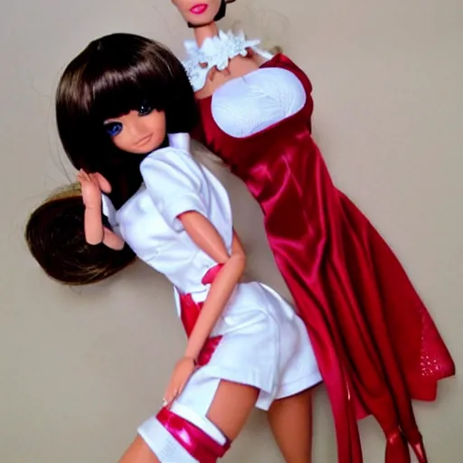 Image similar to anime barbie doll, 5 dolls, doctor suit, playboy, leather, in red velvet stockings, a nurse's dress, full length, heels on her feet