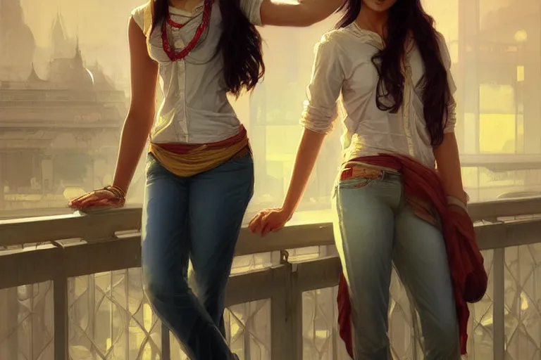 Image similar to Sensual good looking pale young Indian doctors wearing jeans in an airport, portrait, elegant, intricate, digital painting, artstation, concept art, smooth, sharp focus, illustration, art by artgerm and greg rutkowski and alphonse mucha