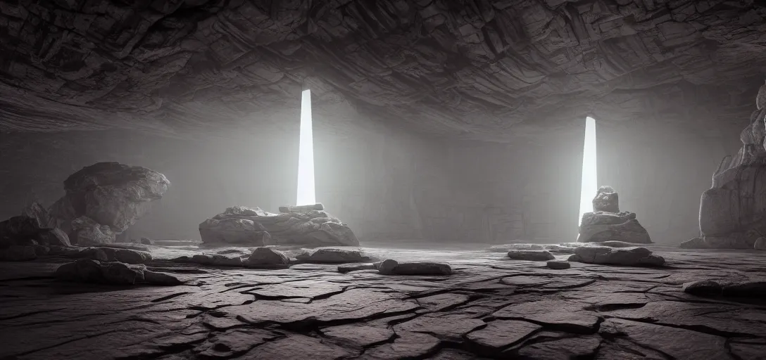 Prompt: dramatic photo of underground ancient stone alien interior, ambient occlusion, glowing straight neon lines on the floor, large glowing obelisk at the end of the room, giant looming statue, raytracing, unreal engine, dramatic lighting, detailed,, global illumination, god rays, 3 d artstation by greg rutowski and jessica rossier