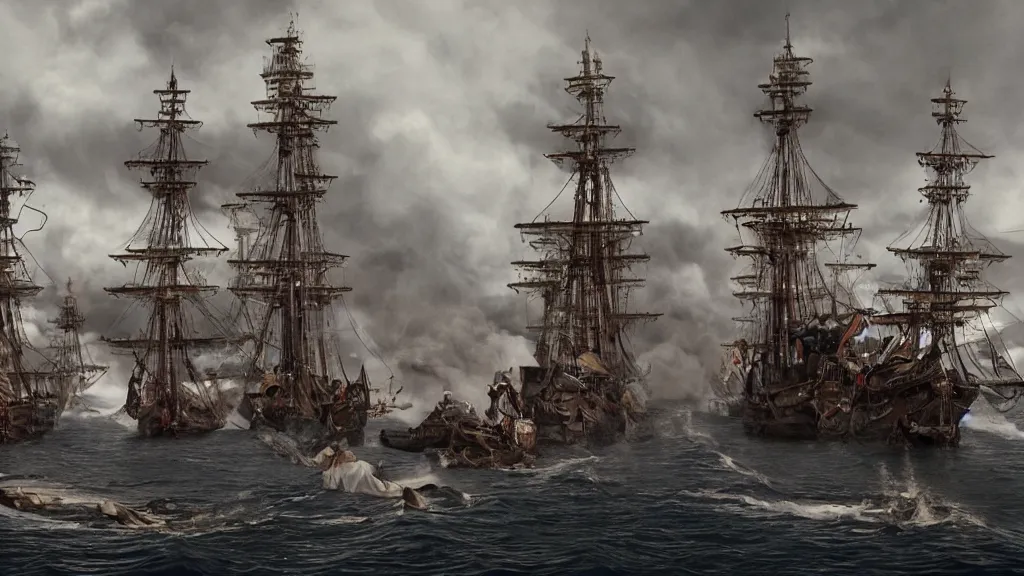 Image similar to Epic shot from a feature film depicting the arrival of the first Portuguese explorers to Japan, 4k