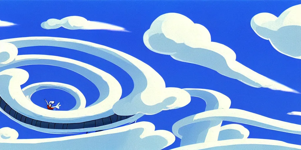 Image similar to cartoon concept art, clean blue sky spiral clouds, from sam and max