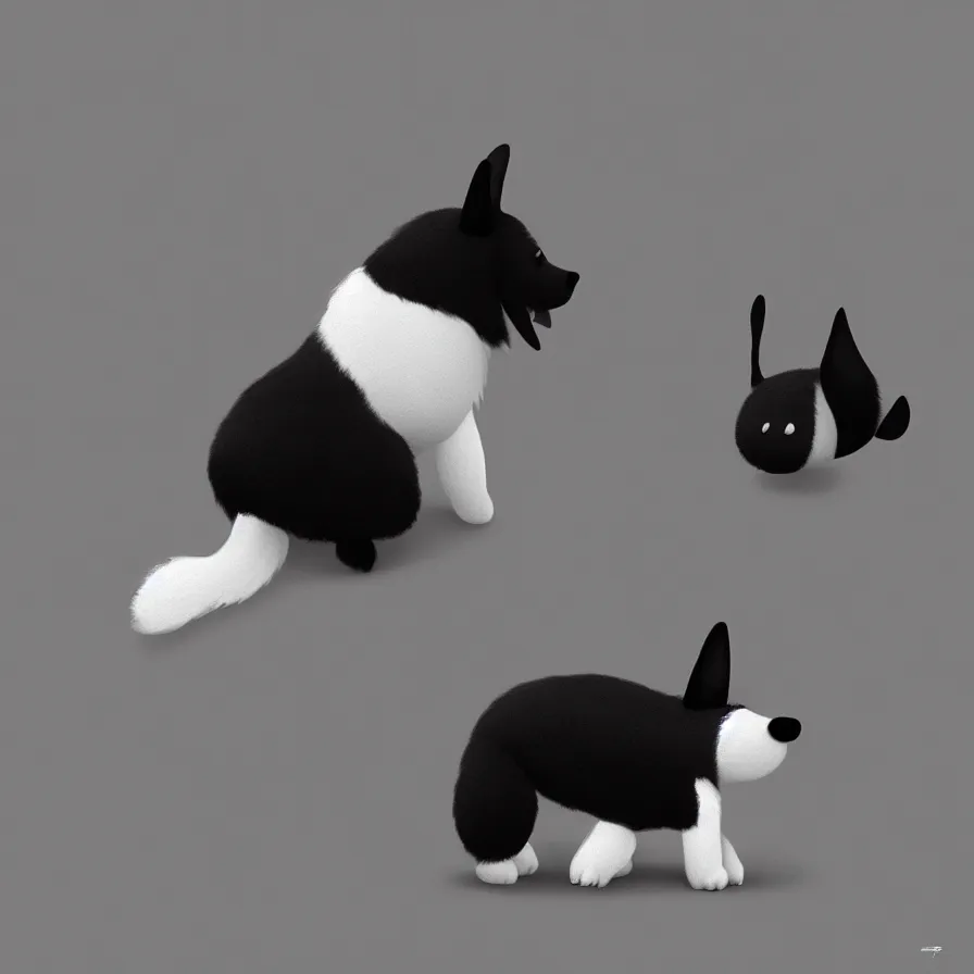 Image similar to Goro Fujita illustrating a beautiful black and white fluffy dog, with big ears on a plain background, art by Goro Fujita, sharp focus, highly detailed, ArtStation