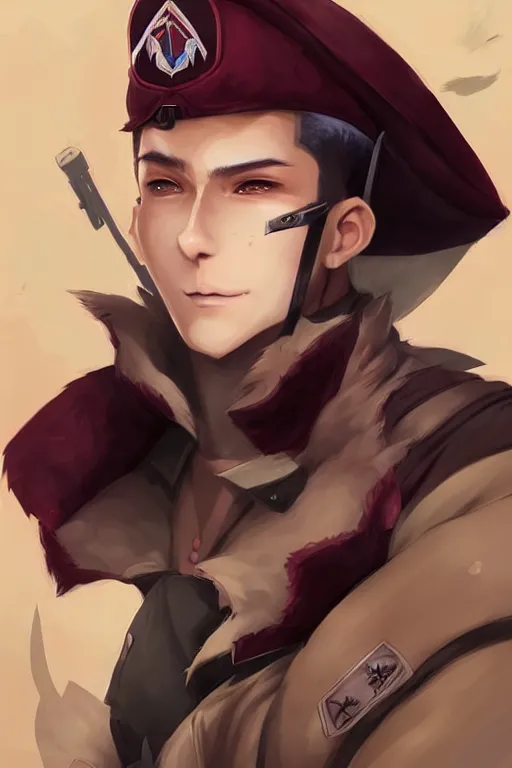 Image similar to beautiful portrait commission of a male furry anthro!!! half-bat half-shark wearing military clothes and a maroon beret. Active Warzone with guns and explosions Atmospheric. Character design by charlie bowater, ross tran, artgerm, and makoto shinkai, detailed, inked, western comic book art