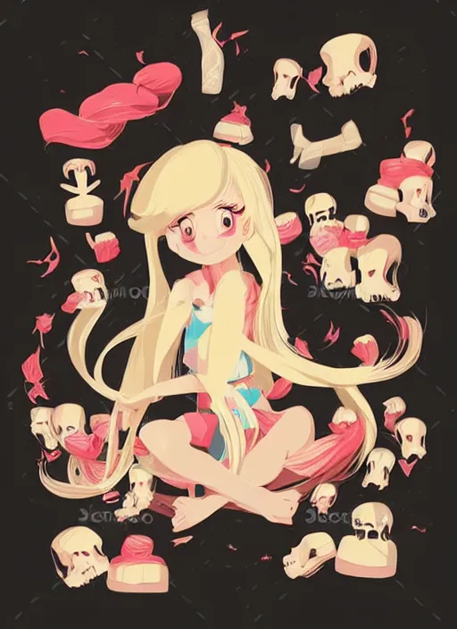 Prompt: little girl with long blonde hair sitting on a pile of plastic decor skulls. clean cel shaded vector art. shutterstock. behance hd by lois van baarle, artgerm, helen huang, by makoto shinkai and ilya kuvshinov, rossdraws, illustration, art by ilya kuvshinov