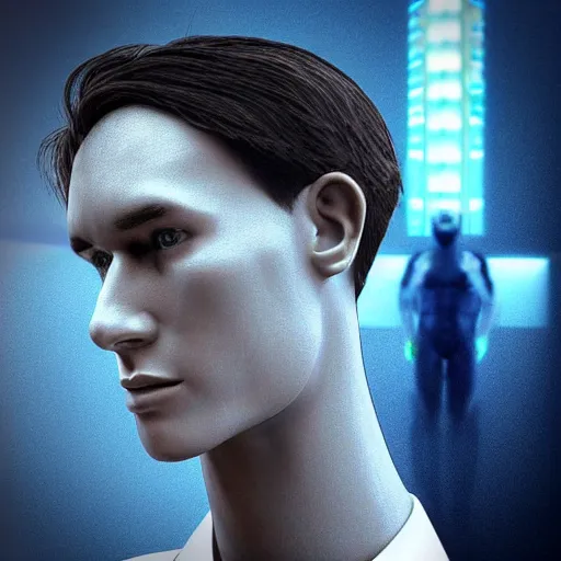 Image similar to “a realistic detailed photo of a guy who is an attractive humanoid who is half robot and half humanoid, who is a male android, News reporter Anthony Conn, shiny skin, posing like a statue, blank stare, reporting the news, on display, sparks coming out of his neck”