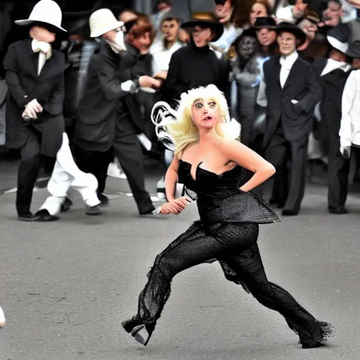 Prompt: lady gaga running away from amish mob