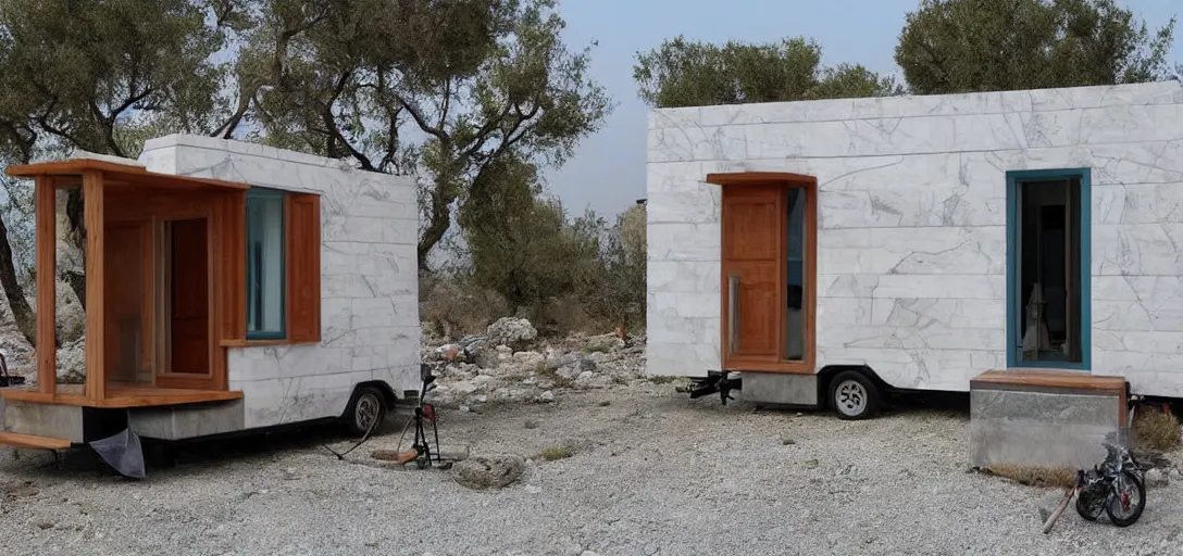 Image similar to greek tiny house on trailer made of marble designed by iktinos and callicrates.