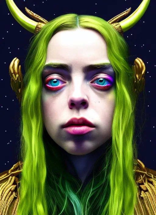 Image similar to Billie Eilish as female loki, goddess of mischief, hyper detail, hyper realistic, octane render, golden hour, gorgeous symmetrical face, elegant, by Gustave Courbet