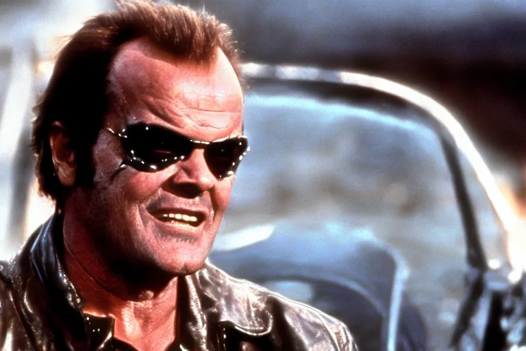 Prompt: Jack Nicholson plays Terminator, scene where he saves Sarah Connor, still from the film