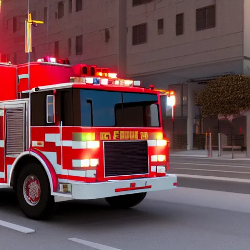 Prompt: octane, renderman 3 d render of an fire truck in a city