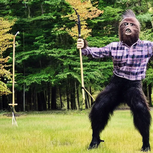 Prompt: Sasquatch practicing caber toss with trees