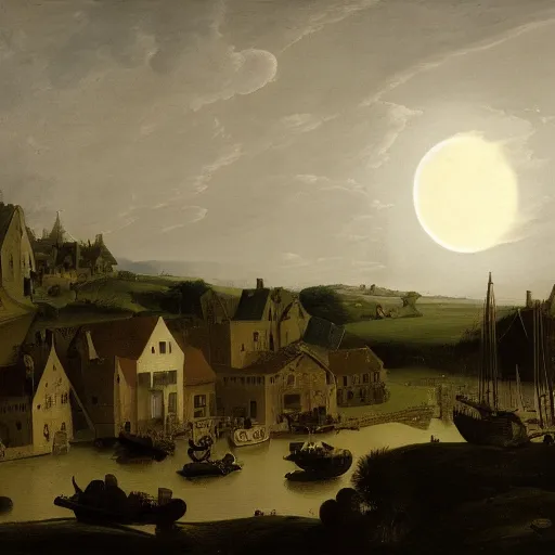 Prompt: dark solar eclipse, above a village, highly detailed, studio 4 k quality, by pieter claesz