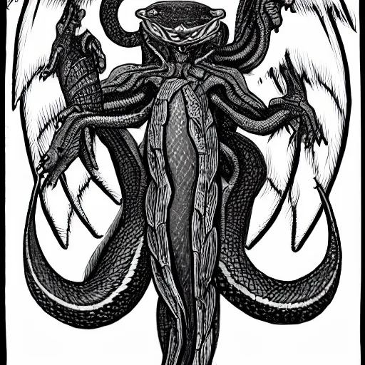 Prompt: an amalgamation of a snake, lizard, humanoid with one angelic wing and one demonic wing