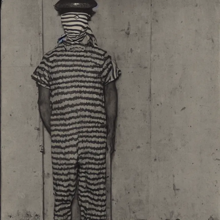 Image similar to crocodile headed man wearing striped prison clothing, colorized old jail mugshot