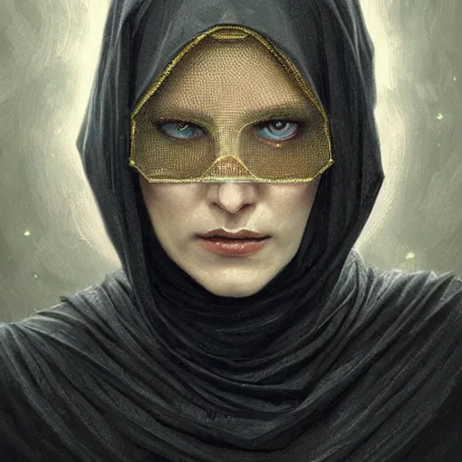 Prompt: portrait, female bene gesserit, bee keeper, dark clothes, veiled face, hidden face, d & d, fantasy, intricate, elegant, highly detailed, digital painting, artstation, concept art, matte, sharp focus, illustration, art by artgerm and greg rutkowski and alphonse mucha