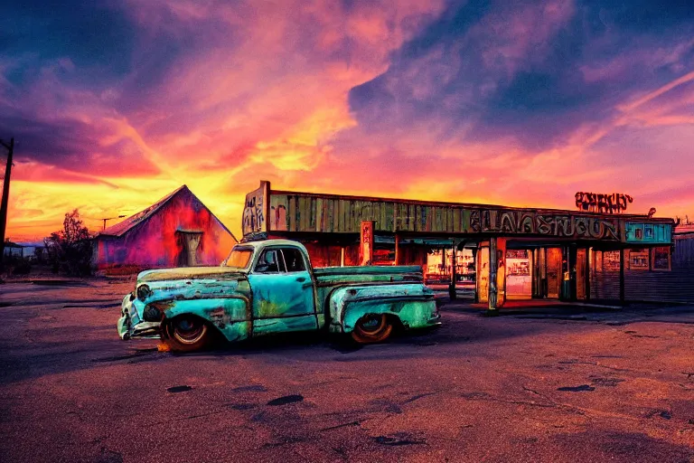 Image similar to a sunset light landscape with historical route 6 6, lots of sparkling details and sun ray ’ s, blinding backlight, smoke, volumetric lighting, colorful, octane, 3 5 mm, abandoned gas station, old rusty pickup - truck, beautiful epic colored reflections, very colorful heavenly, softlight