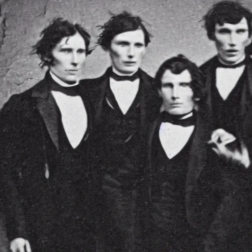 Image similar to rare early victorian photograph of cillian murphy, tom hardy, tom hiddleston, very grainy, blurry, 1 8 4 0 s, 1 8 5 0 s, realistic face