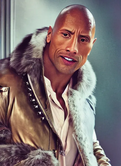 Image similar to dwayne johnson as beyonce styled by nick knight posing in an expensive mansion setting, vogue magazine, highly realistic. high resolution. highly detailed. dramatic. 8 k. 4 k.