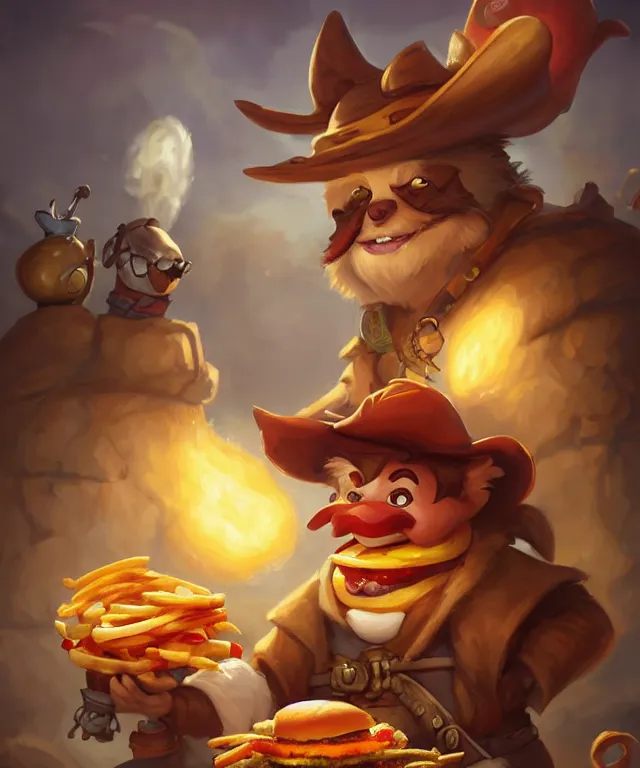 Prompt: a portrait of an anthropomorphic corgi pirate eating hamburgers and fries, restaurant in background, cute and adorable, dnd character art portrait, well rendered matte fantasy painting, deviantart artstation, by jason felix by steve argyle by tyler jacobson by peter mohrbacher, cinematic lighting