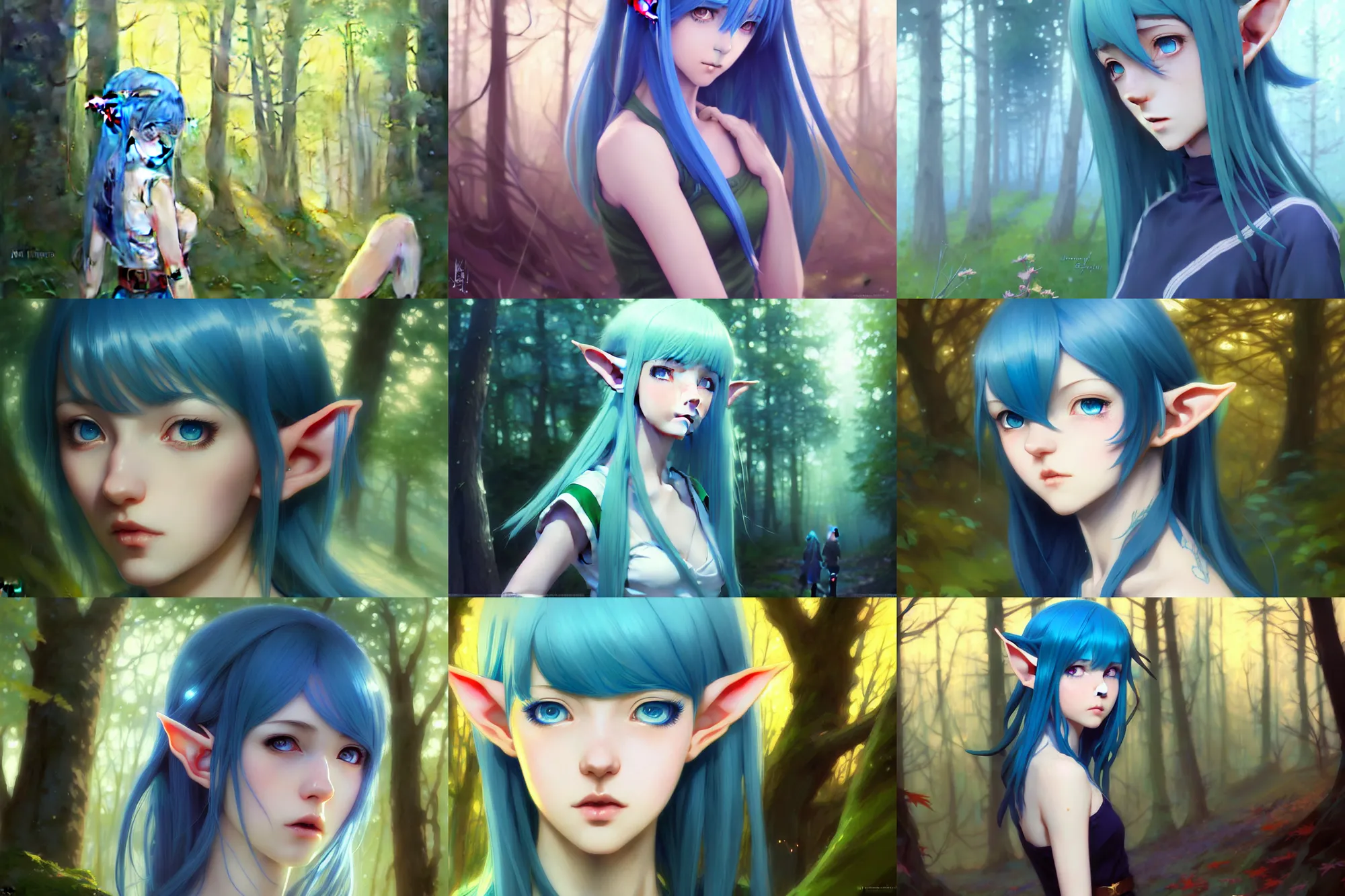 Prompt: beautiful young elf woman with blue hair and elf ears anime forest scene summer dusk setting, expert high detail concept art, perfect proportions fine face, realistic shaded lighting poster ilya kuvshinov, katsuhiro, jeremy lipkin and michael germash, makoto shinkai, loish and clamp style, trending on art station, best selling artist