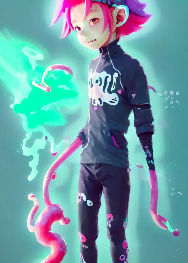 Image similar to a beautiful fullbody portrait of a cute splatoon anime boy with pink hair and green eyes wearing sports clothing tight leggings. character design by cory loftis, fenghua zhong, ryohei hase, ismail inceoglu and ruan jia. artstation, volumetric light, detailed, photorealistic, fantasy, rendered in octane