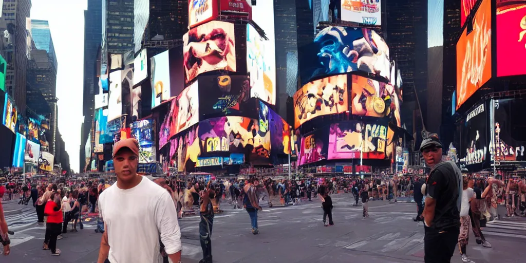 Image similar to Predator standing in Times Square Eating an Ice Cream Cone