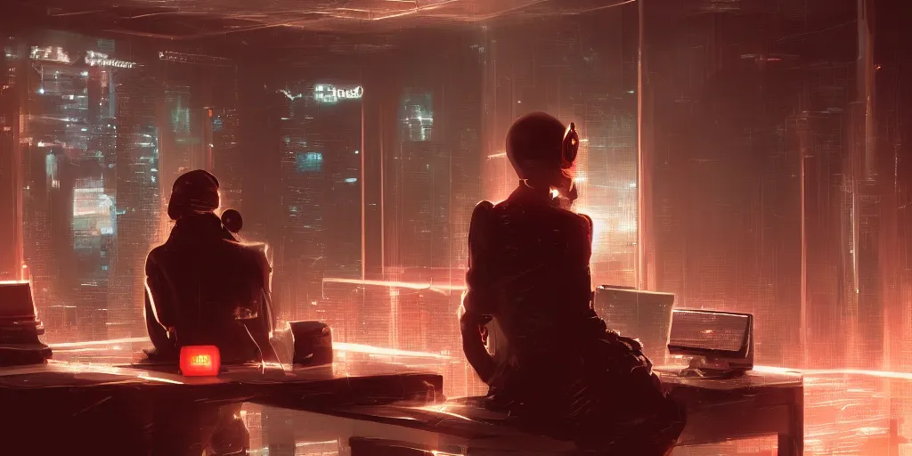 Prompt: An anonymous blonde guard seen from the back sitting in front of a cyberpunk dystopian desk with matrix falling orange text cyberpunk, artstation