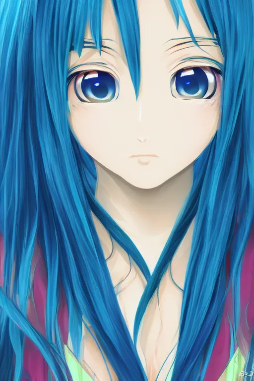 Image similar to close up portrait of an anime girl, blue long hair, by mai yoneyama, anime stile, cell shading, blurred background