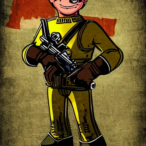 Image similar to digital art cold war poster of vault boy from fallout 3 game,