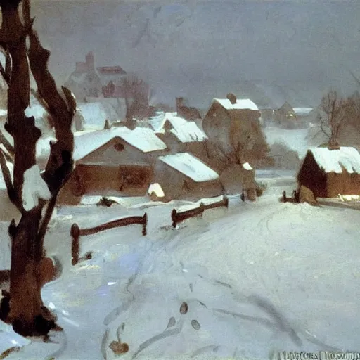 Prompt: A painting of a village during a snow storm, John Singer Sargent
